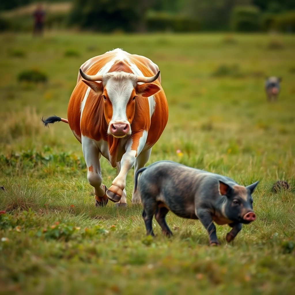 A cow is galloping on the grassland, and a pig is chasing behind.