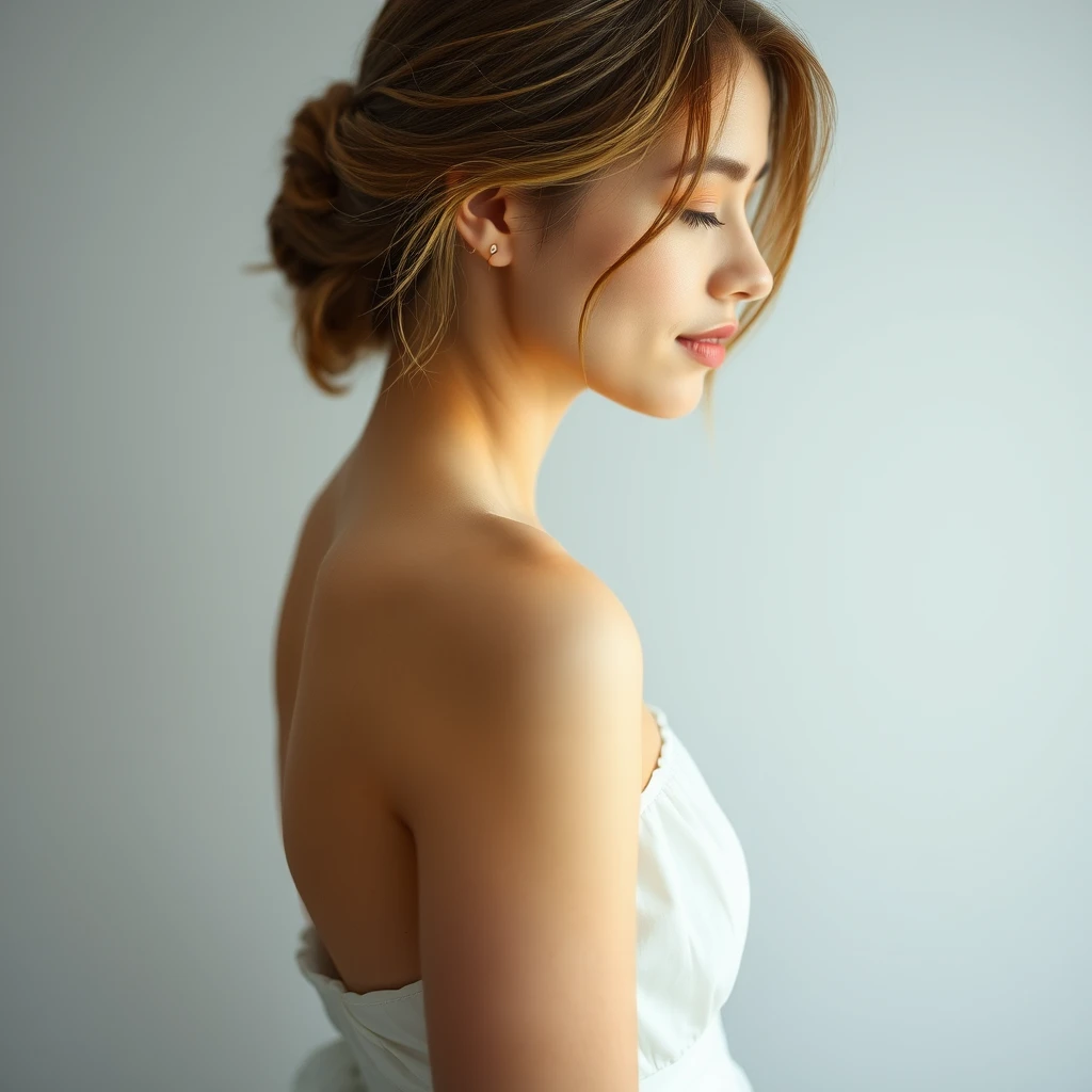 A serene, blissful scene of a young woman in a white dress, from my point of view.