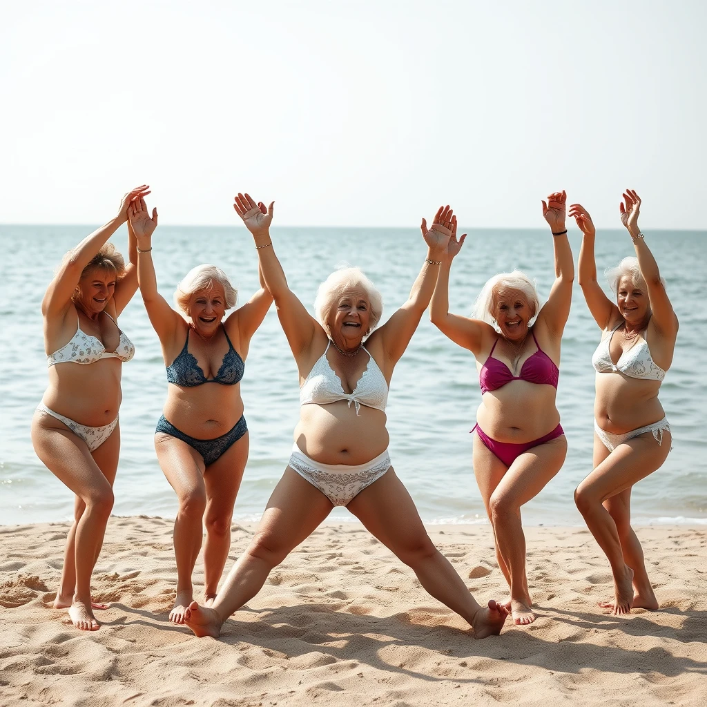 Group of 5 larger older women age 80 in tiny lace bikinis doing the splits.