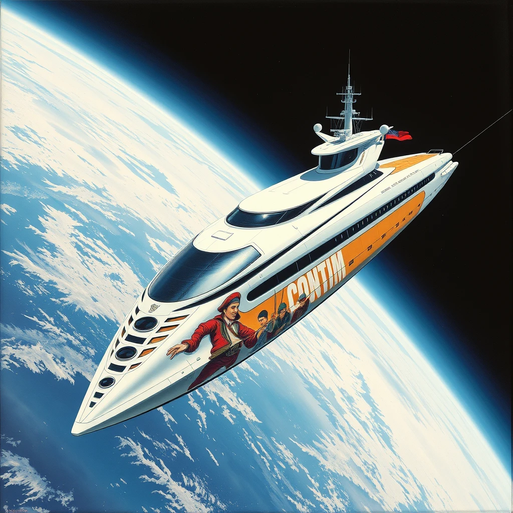 a space-yacht concept, in low earth orbit, a painting by Syd Mead, sleek, futuristic, a full length mural depicting pirates decorates the side. - Image