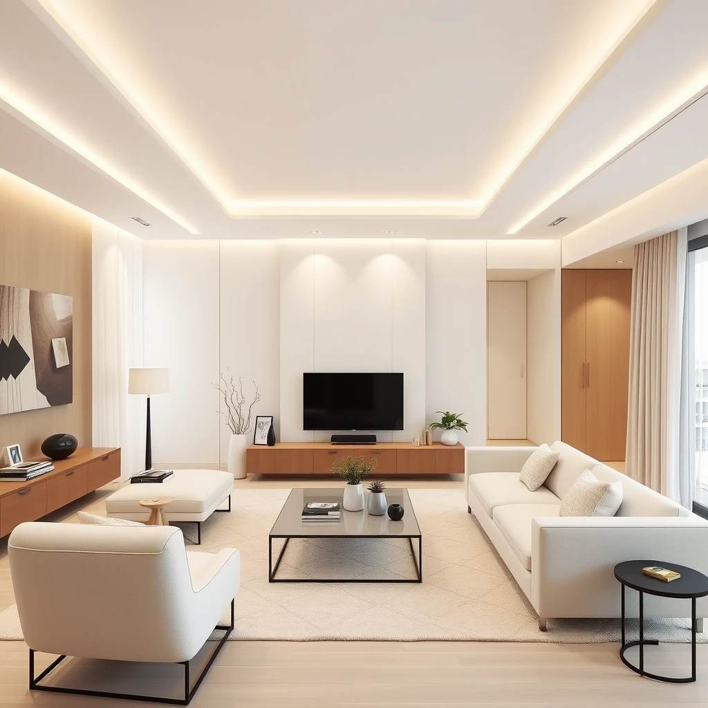 Interior design, cream minimalist style, modern living room. - Image