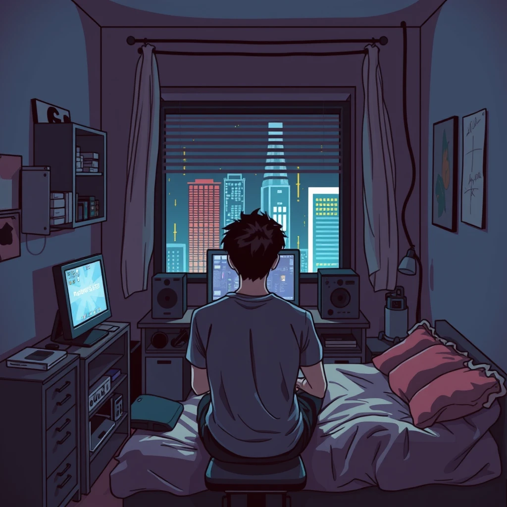 In a small room at night, a young man is facing a computer with his back to the camera, playing a game in a cyberpunk comic style.