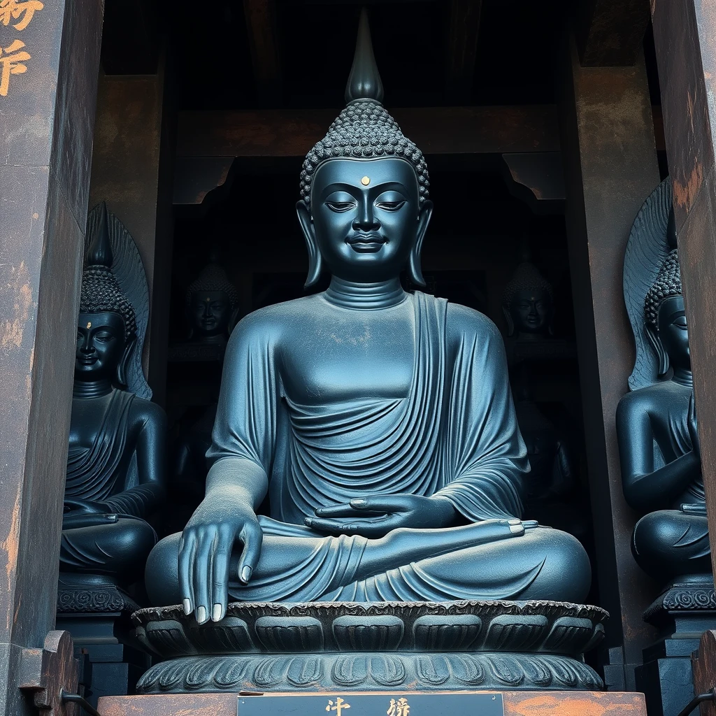 temple, multiple very scaring dark Buddha statue,  - Image