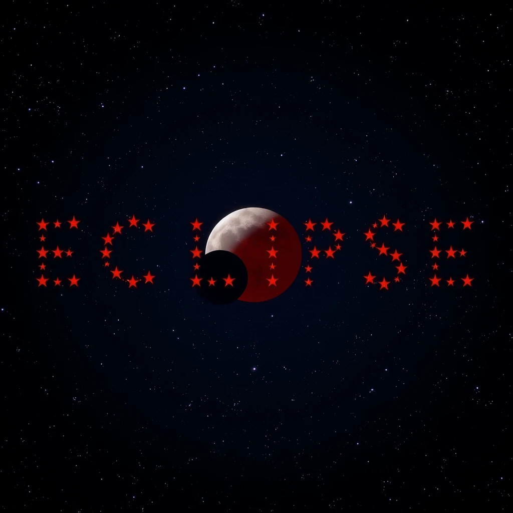 Subject: A night sky during a lunar eclipse with the stars forming the word "ECLIPSE".
Stars: The stars are arranged to clearly spell out the word "ECLIPSE" in a stylized font. The stars themselves should have a slight reddish hue due to the eclipse.
Moon: The moon is partially obscured by the Earth's shadow, creating the characteristic reddish glow of a lunar eclipse.
Background: The rest of the night sky is a deep, dark blue, studded with countless twinkling stars.
Style: Realistic, with a focus on the astronomical accuracy of the eclipse and the star formation.