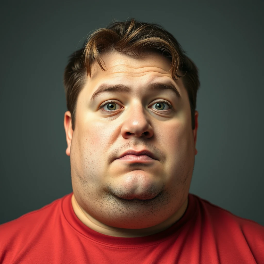 Portrait of a handsome fat Caucasian guy with a wide nose.