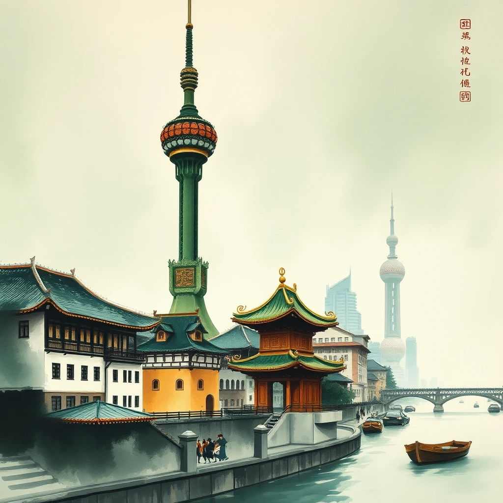 Ink wash in green and gold tones, oil painting in the style of Wu Guanzhong, Shanghai Oriental TV Tower, the Bund, art by Thomas Kinkade and Greg Rutkowski. - Image