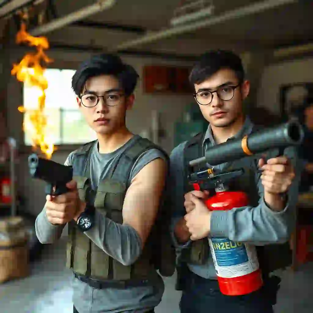 21-year-old white thin long-faced young northern Chinese man with a square chin, wearing square glasses, holding a pistol, "medium/long length hair"; 21-year-old white Italian/Caucasian man wearing round glasses and short hair holding a very large fire extinguisher flamethrower; garage setting; both angry and wearing a military vest. - Image