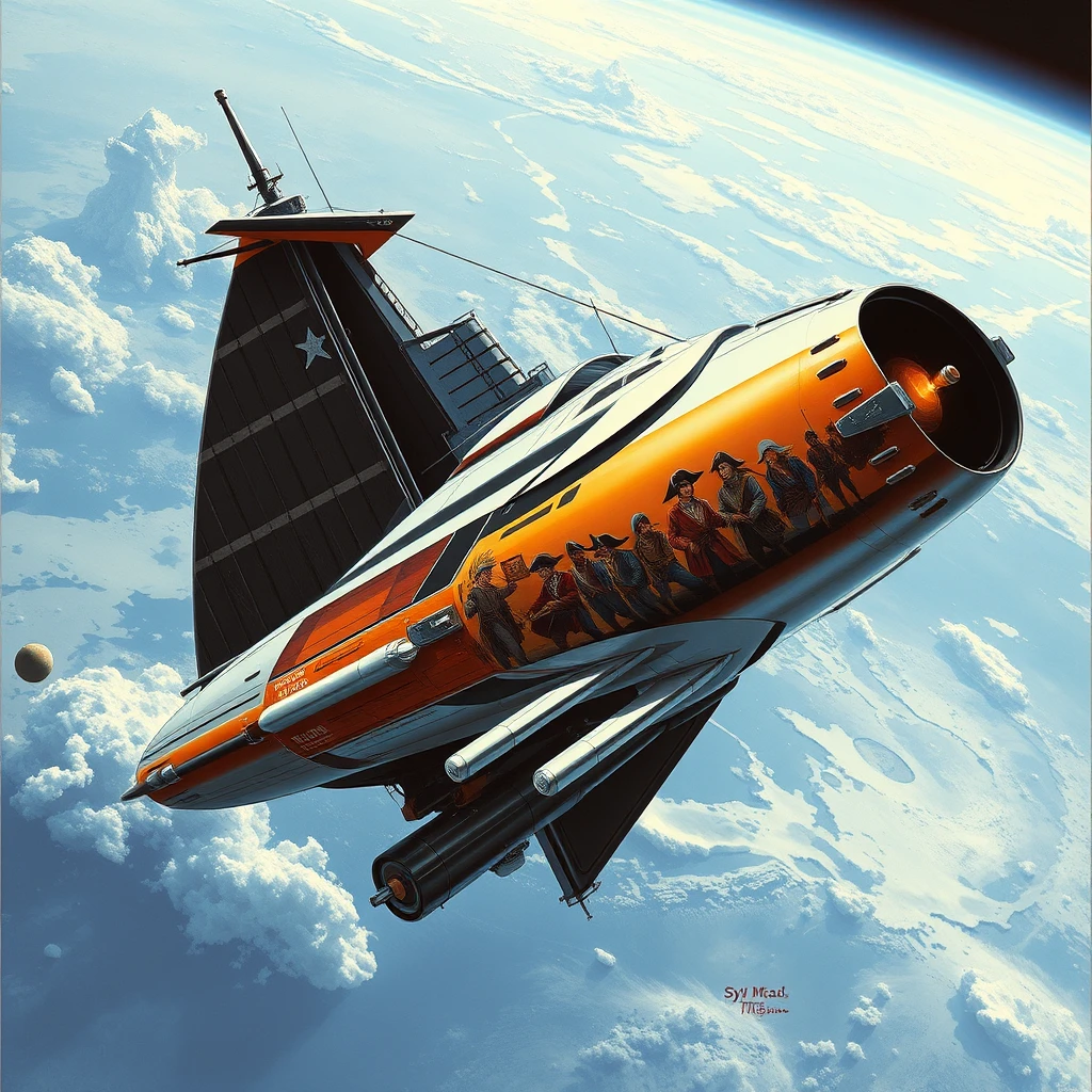 A space-yacht concept, in low Earth orbit, a painting by Syd Mead, sleek, futuristic, a full-length mural depicting pirates decorates the side.