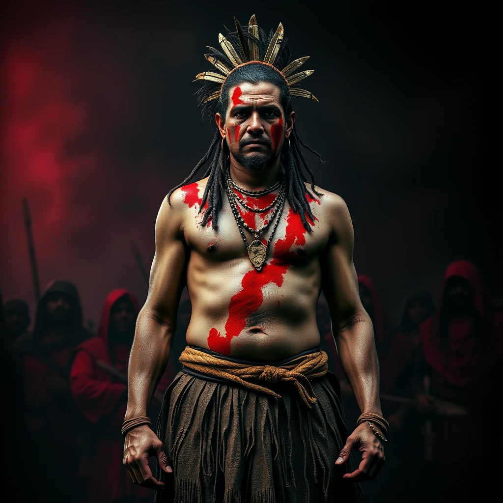 Imagine a Taino tribesman standing in the center of the image, his posture conveying a sense of betrayal and defiance. He's splattered with crimson markings, symbolizing the betrayal by his own tribe. Behind him, the backdrop is filled with dark shades of red and black, hinting at the ominous atmosphere of the scene. His fellow tribesmen are depicted in the shadows, their features obscured but their presence felt, representing the betrayal lurking within his own community.