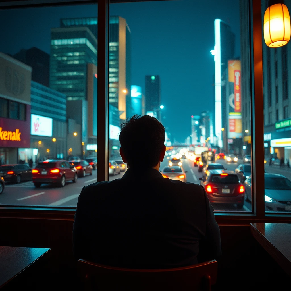 "In the late-night rush hour, an office worker sits with their back to the camera inside a restaurant, with a view of the city's nightscape and traffic outside the window. Wide-angle shot, cyberpunk style."