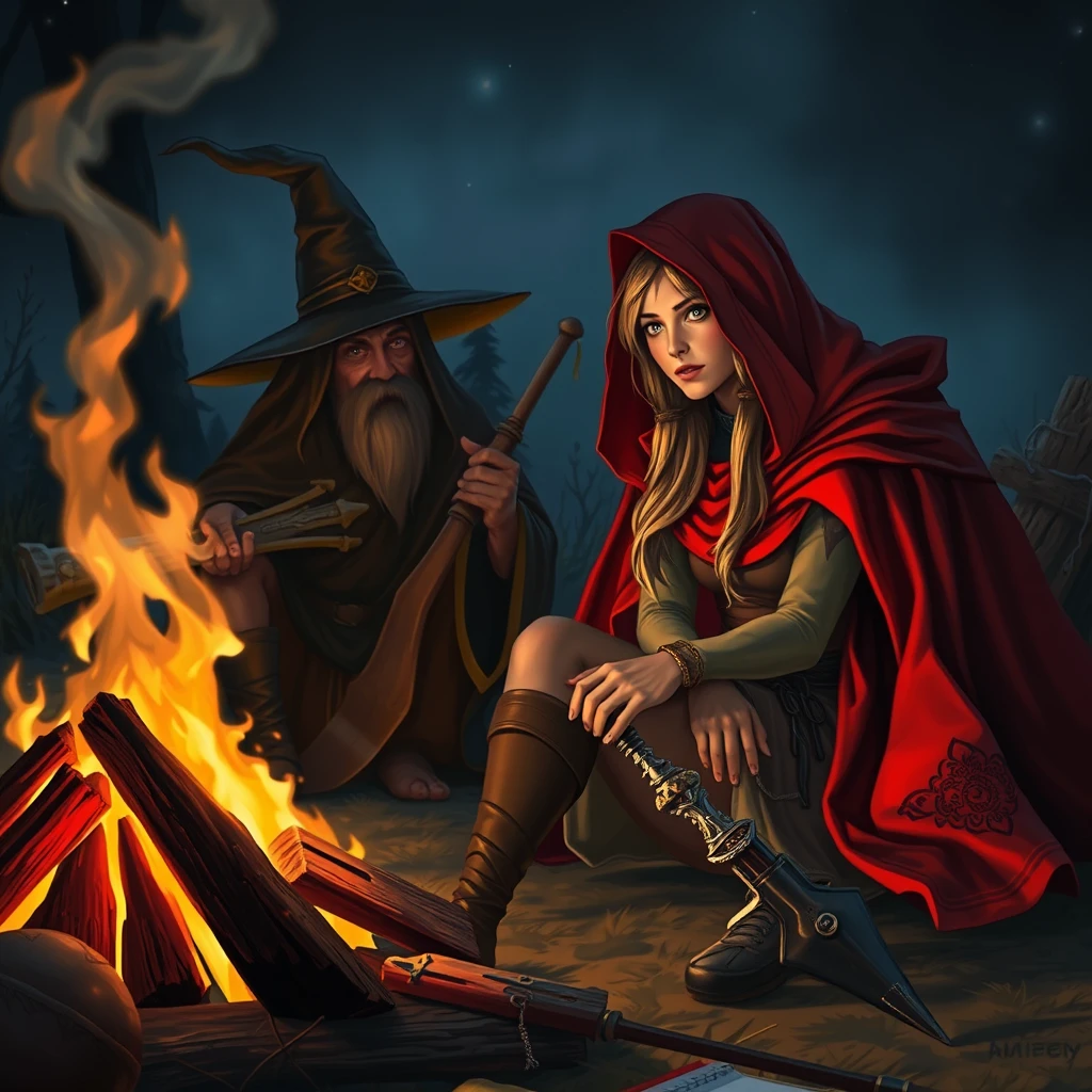 Photorealistic: Fantasy heroine with red cloak sitting at the campfire with a wizard at night. - Image