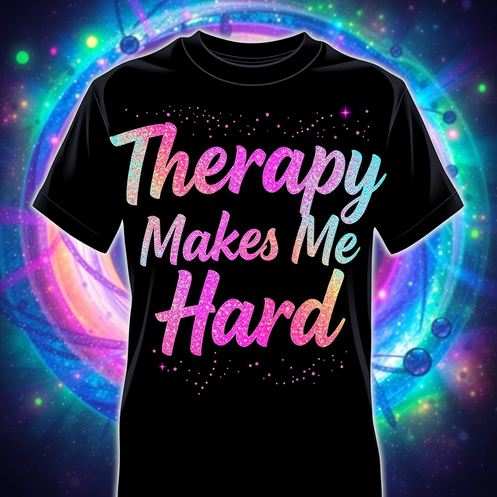 T-shirt design featuring fantastic vibrant glitter with an iridescent effect, displaying ethereal text that says "Therapy Makes Me Hard," swirled with vibrant colors against a colorful galaxy background. - Image