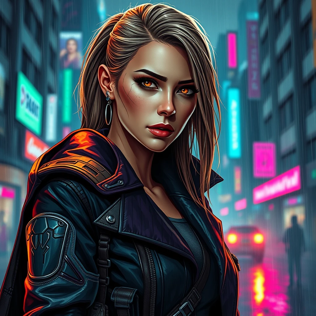 A gritty, neon-drenched portrait of a female cyberpunk bounty hunter set against the backdrop of a rain-soaked cityscape, where the boundaries between man and machine are blurred. The hunter's face is etched with lines and creases, their piercing eyes seeming to bore into your soul as they assess your worthiness. Their cybernetic enhancements - a glowing eye implant and sleek mechanical arm - testify to their unwavering dedication to their craft. Tactical clothing made from supple leather and cutting-edge materials hugs the hunter's physique, accentuating their toned muscles and strategically placed pockets, belts, and armor pieces that tell a story of battles fought and won. As their gaze meets yours, you feel a shiver run down your spine - it's as if they're sizing you up, weighing your worthiness to bear witness to their commitment. The weight of that responsibility is palpable, like a physical force pressing against your chest. Their long, dark coat billows behind them like a storm cloud as they move through the city streets, a high-tech weapon partially obscured within its folds, waiting for the moment when it will be unleashed with deadly precision. In this world, time itself seems fluid and malleable - hours blend into days, and years hang heavy in the air. The rain pounds against the pavement like a thousand tiny drums, each drop landing with a rhythmic beat that's both mesmerizing and unnerving. The cityscape is a kaleidoscope of neon lights and dark shadows, where skyscrapers pierce the sky like shards of broken glass. Flashes of bright light cut through the darkness, casting an otherworldly glow over everything. As you stand there, frozen in awe, the bounty hunter begins to move - their movements economical and precise, like a machine designed for maximum efficiency. They glide through the city streets with ease, leaving behind a trail of subtle ripples that distort the air around them. Their coat flows behind them like a dark cloak, billowing in the wind as they move with an unnerving silence - no footsteps, no rustling of fabric, just a smooth, fluid motion that belies their true nature: that of a high-tech predator stalking its prey through the urban jungle. - Image