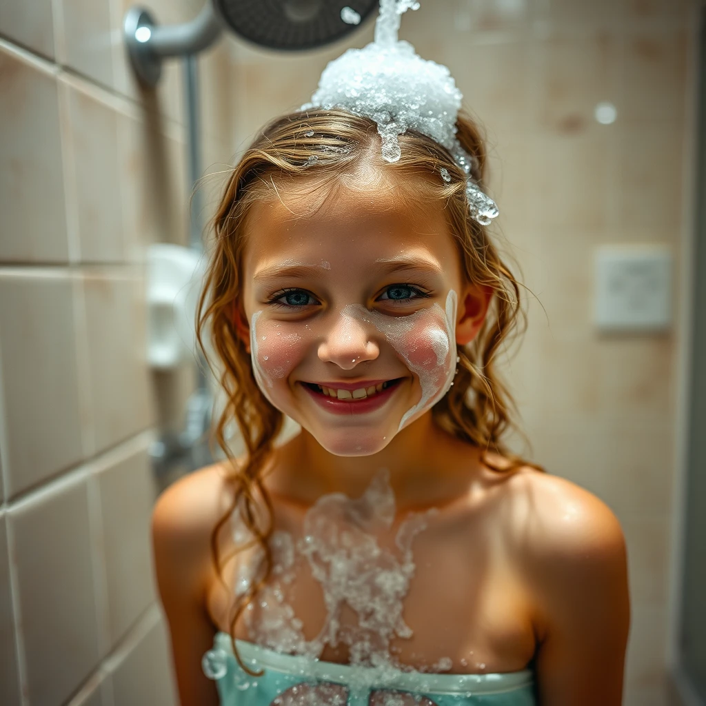 A girl smiles sheepishly in the summer camp shower room after she accidentally spurts translucent shampoo all over her face and hair.