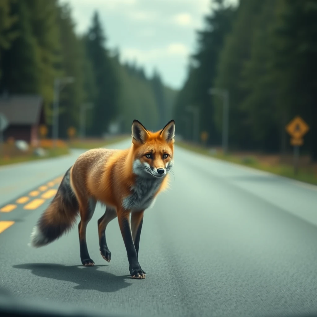 The fox is on the road.