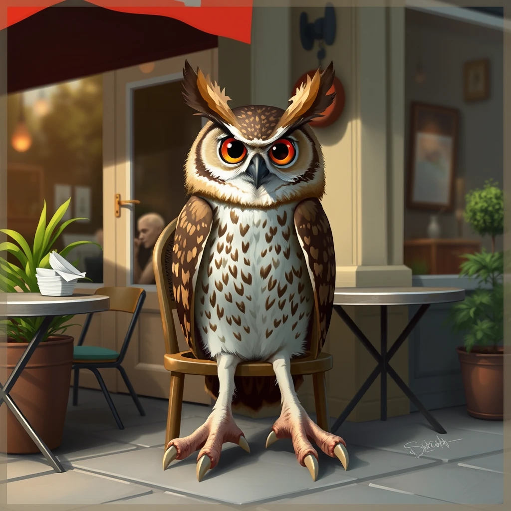 Digital art, an anthropomorphic owl sitting on a chair outside a café, barefoot and showing off his talon feet.