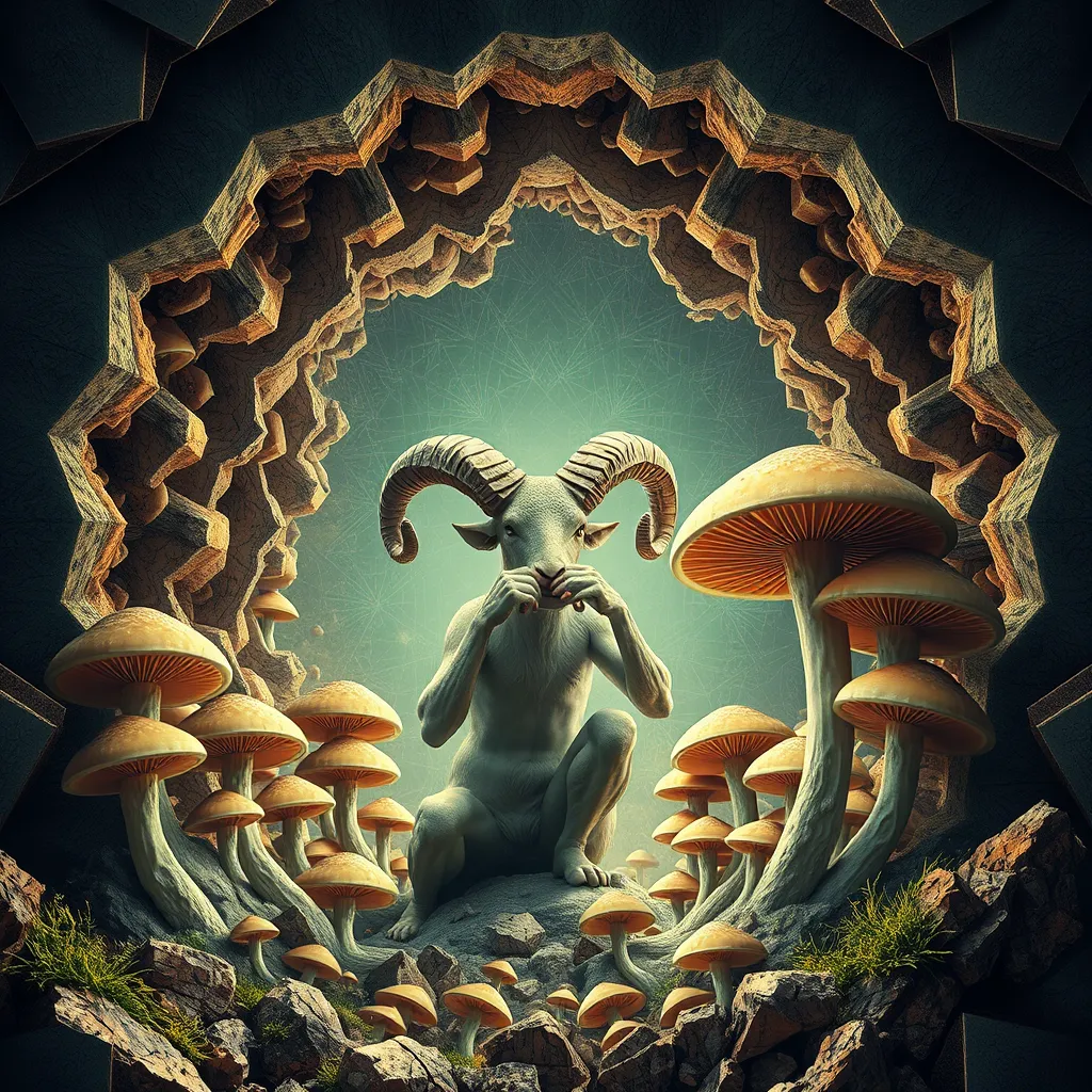 Satyr eating mushrooms and breaking through to another dimension full of geometric fractal patterns, HD photography.