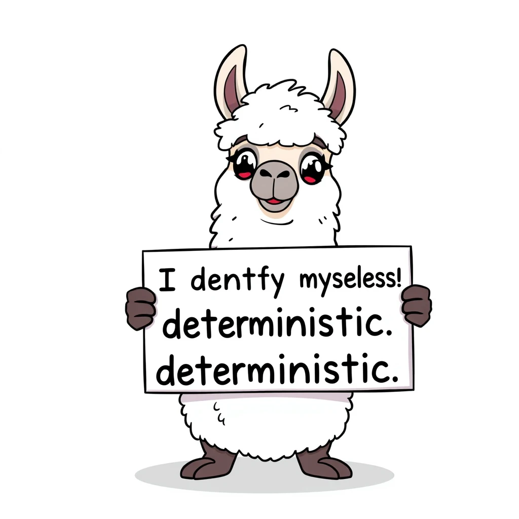 Cartoon llama holding a placard that says "I identify myself as deterministic," digital art style, vibrant colors, humorous expression, white fluffy llama with big eyes, placard held by hooves, clean lines, playful design, against a simple background. - Image