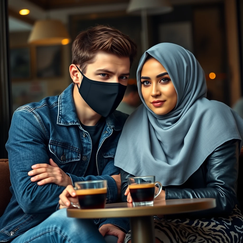 Jamie Dornan's head and body shot, handsome, face mask black, blue jeans jacket, jeans, dating with grey hijab Muslim girl, beautiful eyes, face mask black, black leather jacket, biggest tiger pattern skirt, at cafe, 2 cups of espresso on a table, photorealistic. - Image