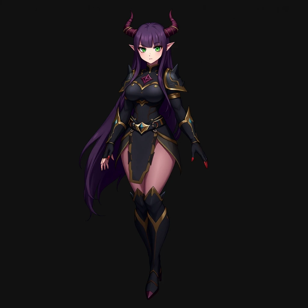 solo, 1 girl, 2D, high quality, very long hair, dark violet hair, green eyes, long red fingernails, demon horns, large hips, black armor with gold trim, standing pose, smooth curves, curvy body, black background, full body, boots