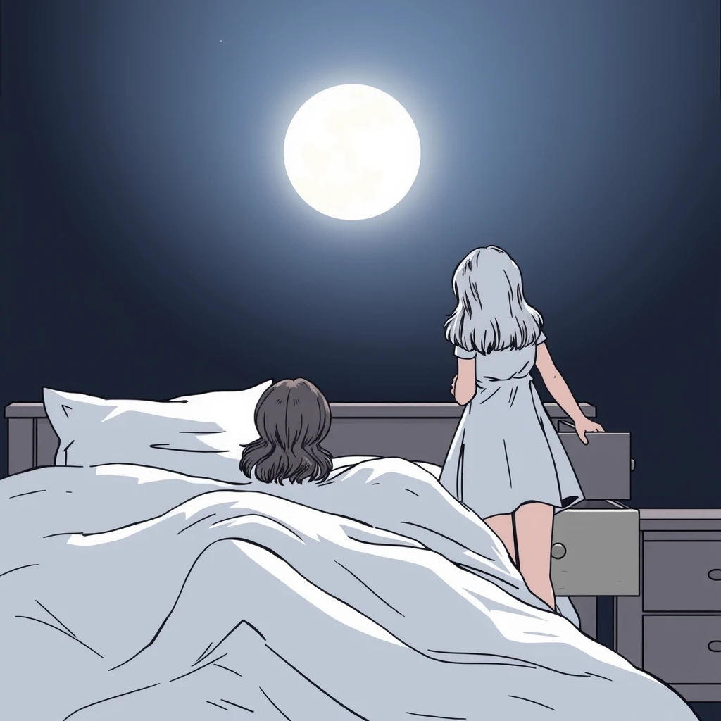 Side view of the bed where a woman is sleeping while her daughter stands nearby opening a drawer, dark night, moonlight, atmosphere, comic line art, close-up of the girl's back view. - Image