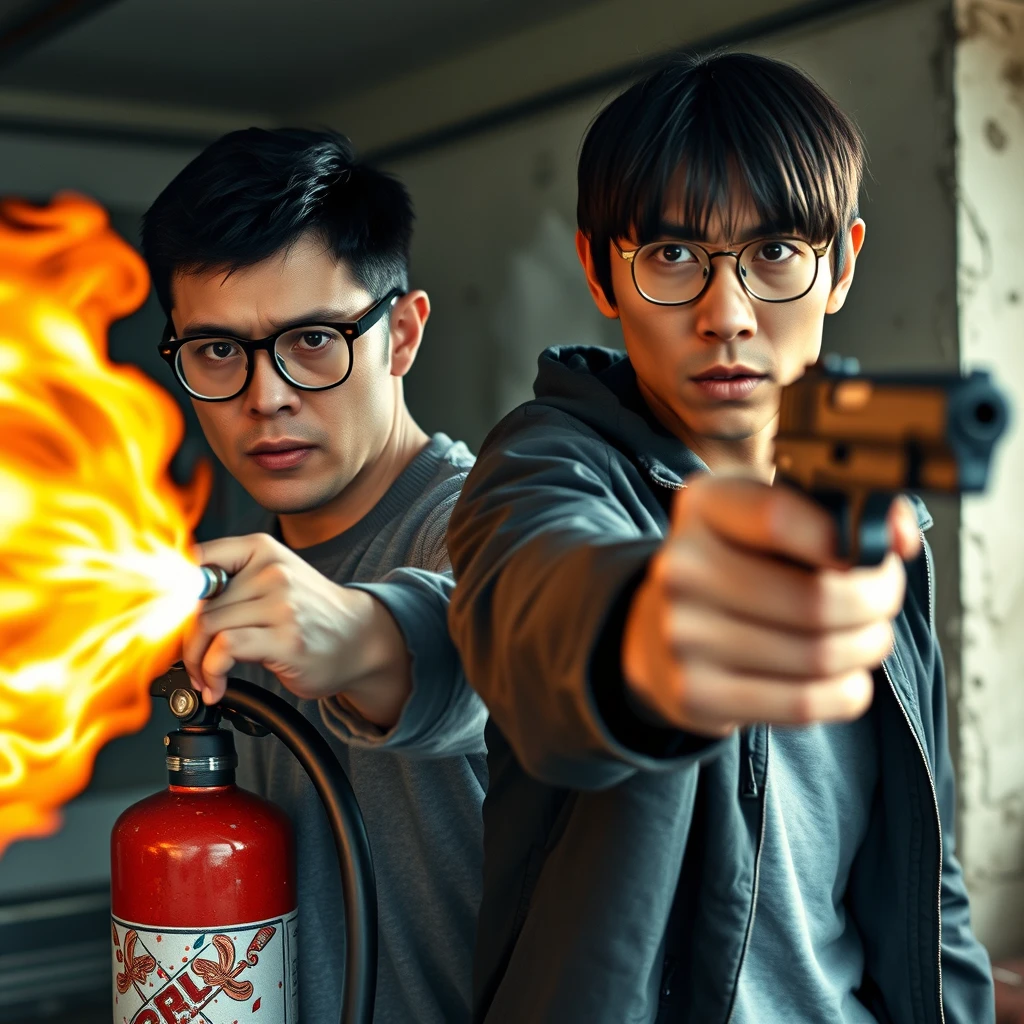 I want a 2-person set, consisting of two men, both 20 years old. They look really angry with a murderous intent, and the scene is set in a garage. 

The first man is a European white man; he has black short hair and wears round prescription glasses. In the scene, he's holding a very large fire extinguisher that shoots fire like a flamethrower. 

The second man is an Asian man; he has a thin long face, mid to long hair with a fringe, and wears square prescription glasses. He's holding a pistol aimed at the screen. - Image