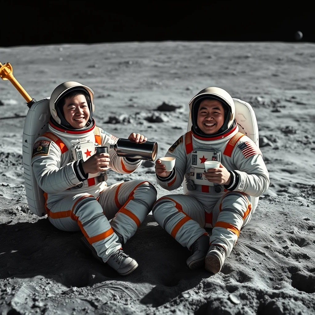 Two Chinese astronauts in full space suits are sitting on the moon’s surface, each holding a tea cup. They are positioned near their lunar module, with the Earth visible in the background. The moon’s gray, cratered landscape is illuminated by the sun. One astronaut is pouring tea from a thermos, while the other is holding a cup. Their expressions are relaxed and joyful, enjoying a moment of tranquility in the vastness of space. - Image