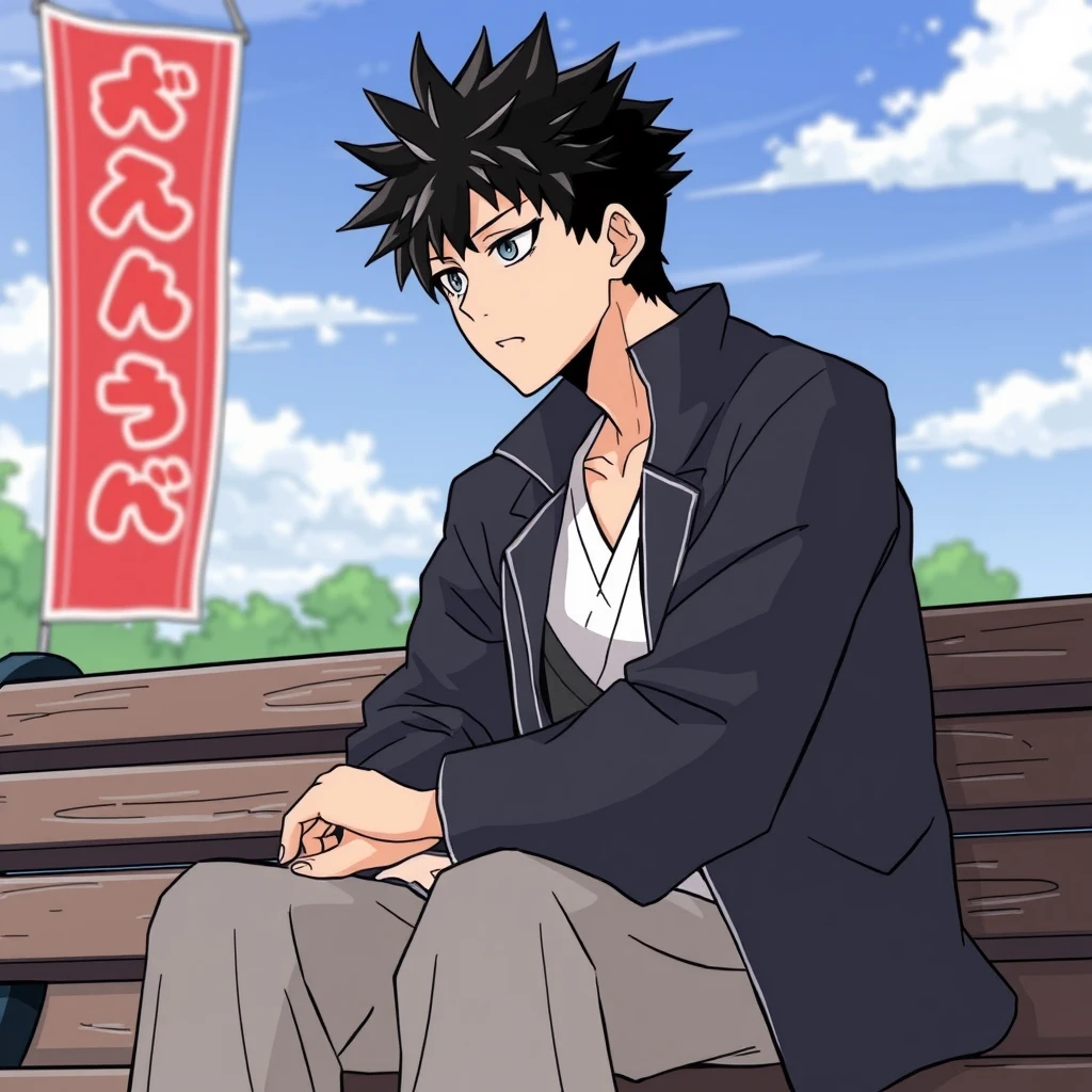 "Make Itadori Yuji from Jujutsu Kaisen, while he is sitting on a bench. Make it in a manga version." - Image