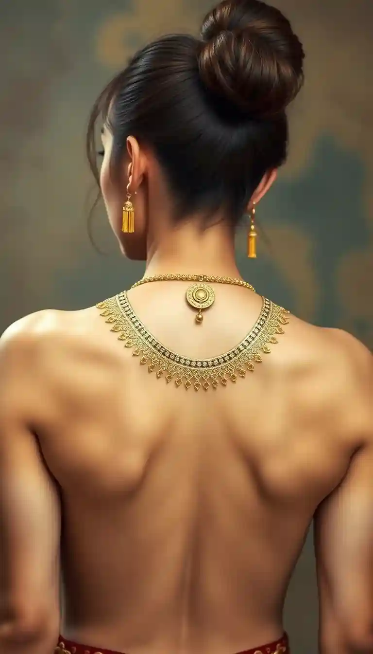 Super muscular back view of a Korean Latina woman wearing gold ornaments.