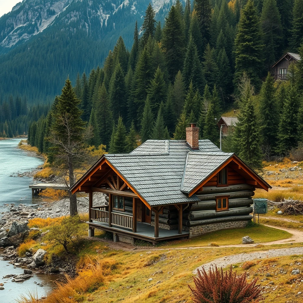 Cabin by a mountain riverside