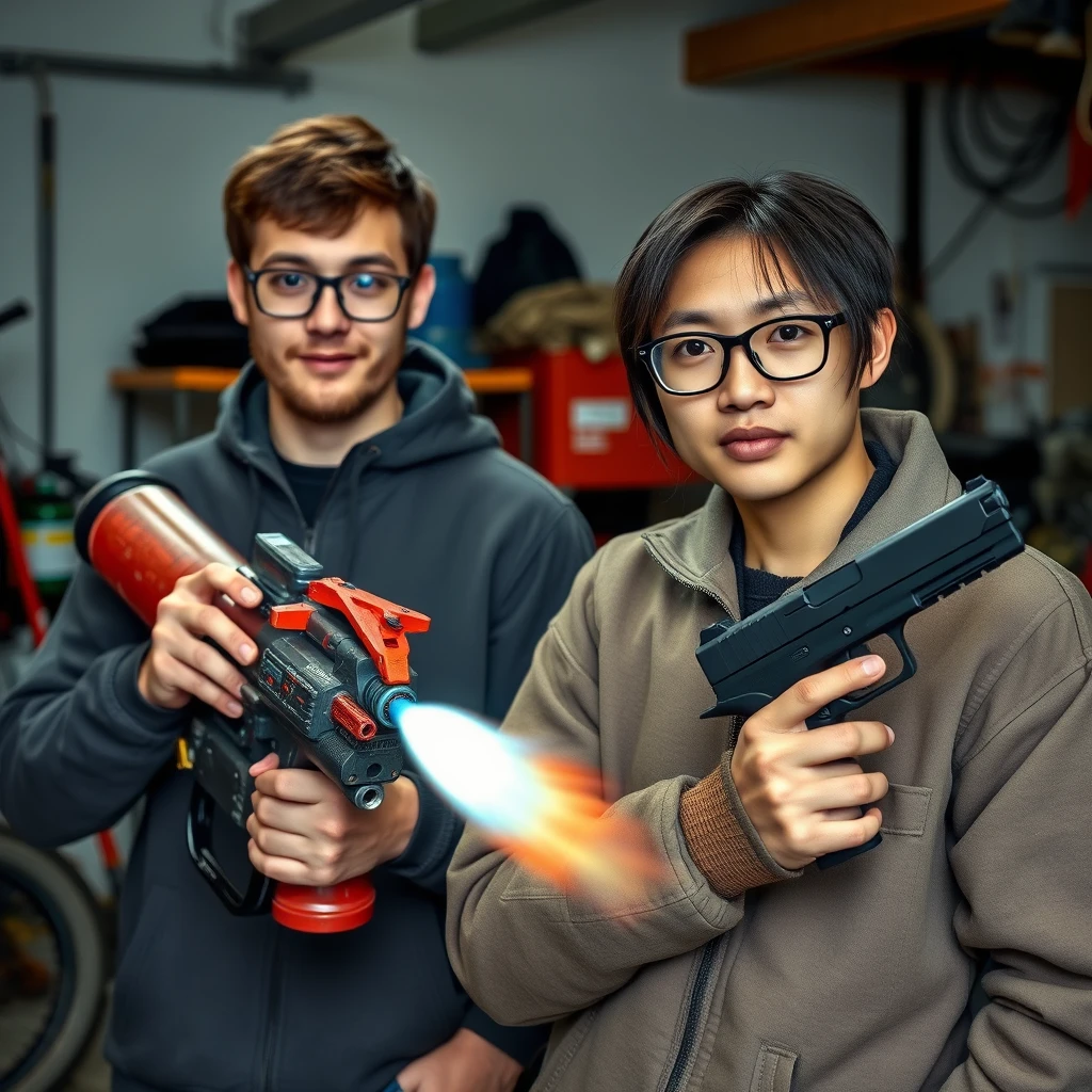 2 person set, 2 men, they are both 21 years old, 1 Italian/Caucasian man, 1 Northern Chinese man, they are together in a garage setting. The first one has round prescription glasses, short brown hair, and he's holding a very large fire extinguisher flamethrower. The second one has a thin long face, wears square prescription glasses, also has mid to long fringe hair, and he's holding a pistol. - Image