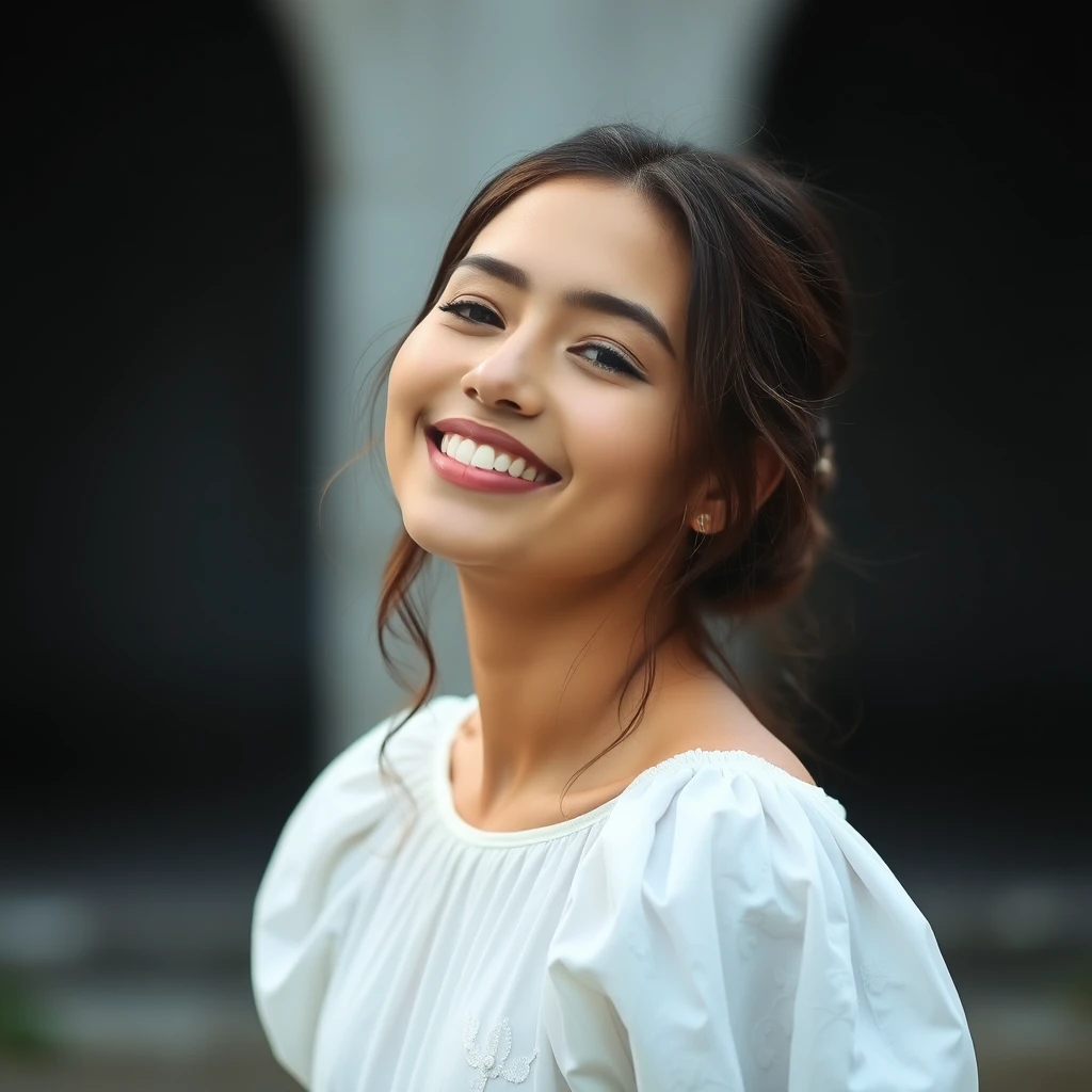 A serene, blissful scene of a young woman in a white dress. The scene feels authentic and unpolished.