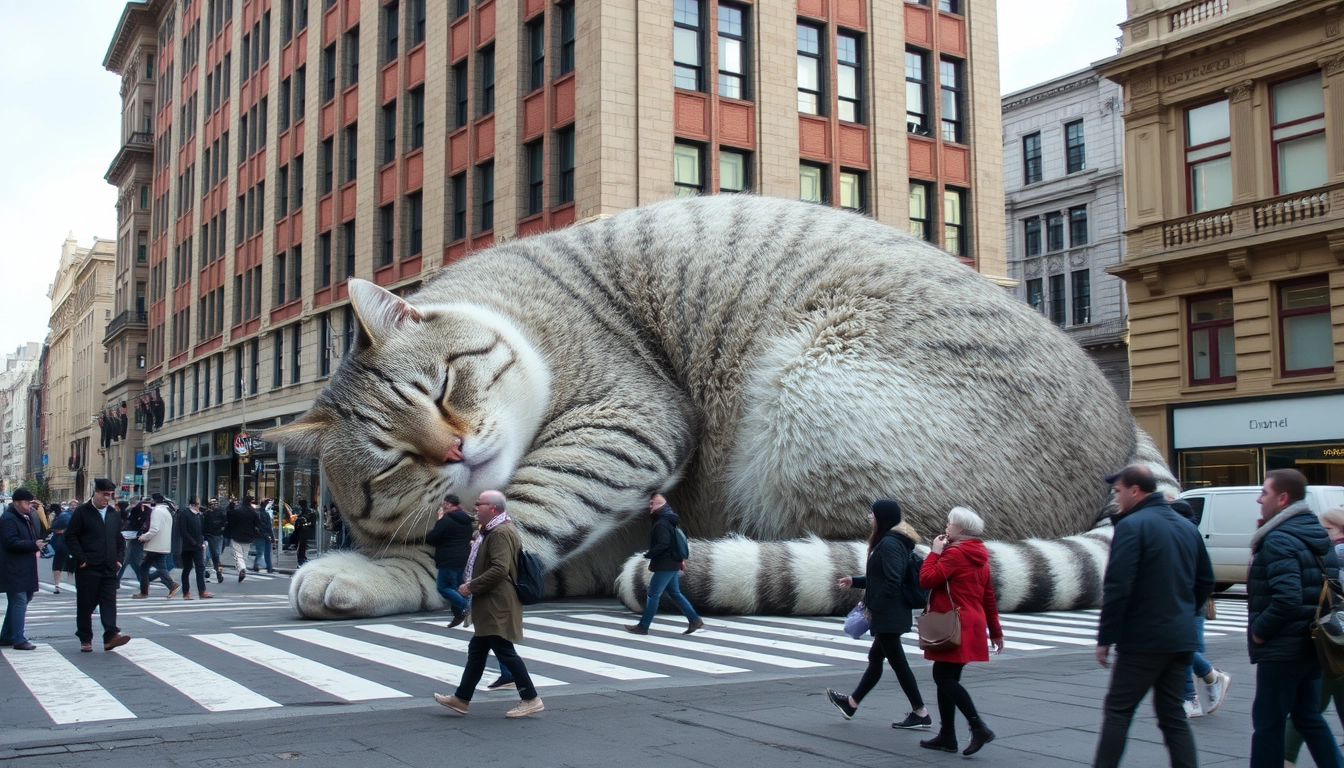 The giant cat, as big as the building, is sleeping on the cross of the street, while people on the streets are acting normally.