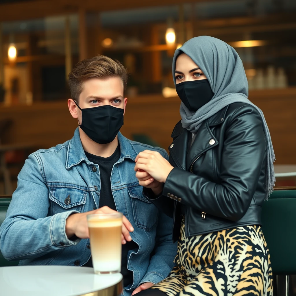 Jamie Dornan's head and body shot, handsome, black face mask, blue jeans jacket, jeans, dating love with a Muslim girl in a grey hijab, beautiful eyes, black face mask, black leather jacket, biggest tiger pattern skirt, at a cafe, 2 cups of latte on a table, photorealistic. - Image