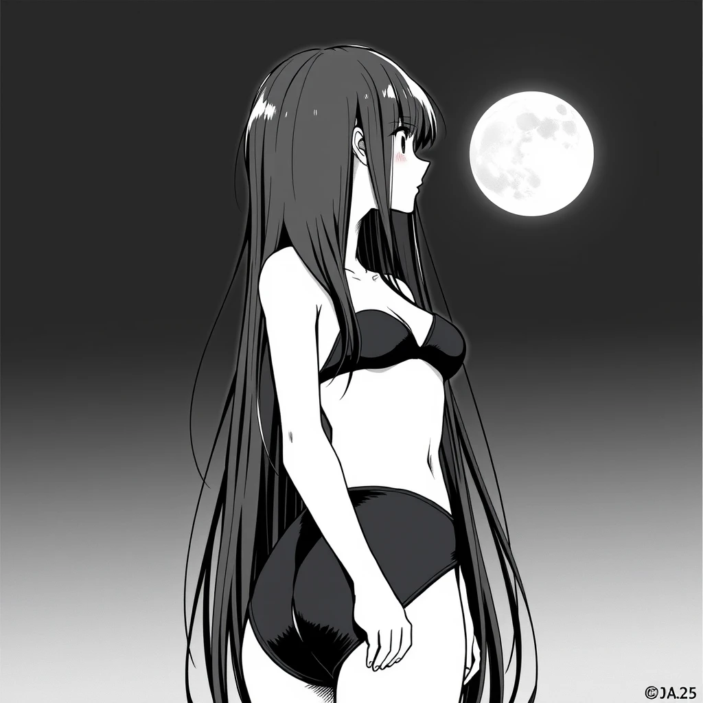 Girl with long, black hair in a black bikini. In the background, a black sky with a big, bright moon. Manga, grayscale. - Image