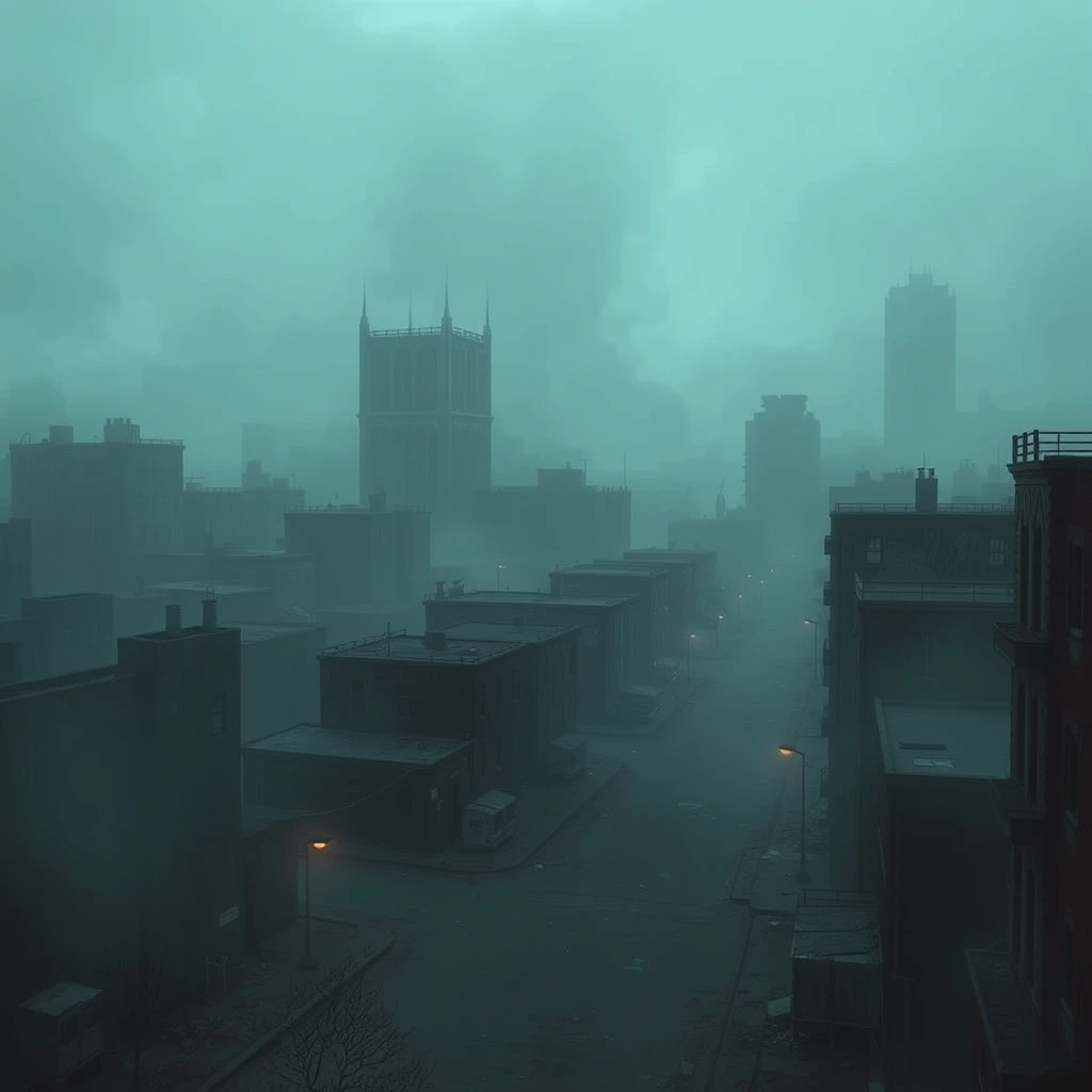 A city depicted in the style of Silent Hill. The cityscape is shrouded in a thick, eerie fog, with dilapidated buildings and deserted streets. The atmosphere is haunting and filled with suspense, characteristic of the Silent Hill series. The city lights are dim, casting long, ominous shadows, and the overall color palette is muted and gloomy, adding to the sense of desolation and mystery.