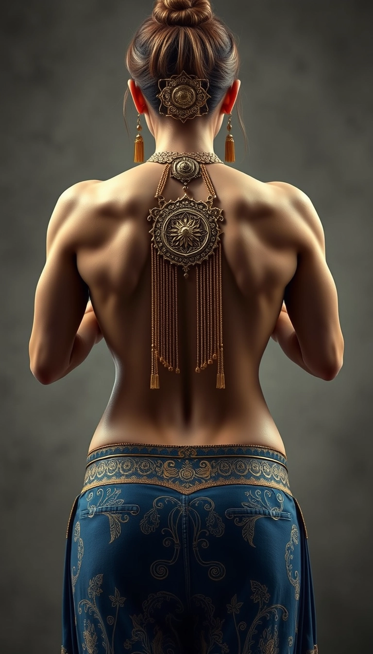 Highly muscular back view of a Russian Korean woman wearing gold ornaments.