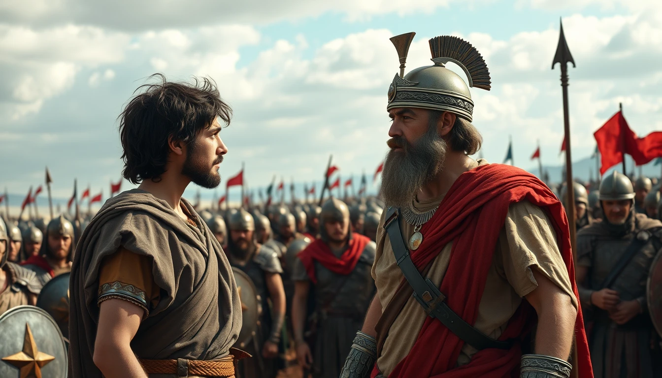 A young dark-haired Jewish shepherd is arguing with an Israelite King about fighting Goliath. King Saul is dressed in bronze-age soldier attire. Surrounding the two men are the Israelite soldiers. In the distant horizon stands the Philistine army. - Image