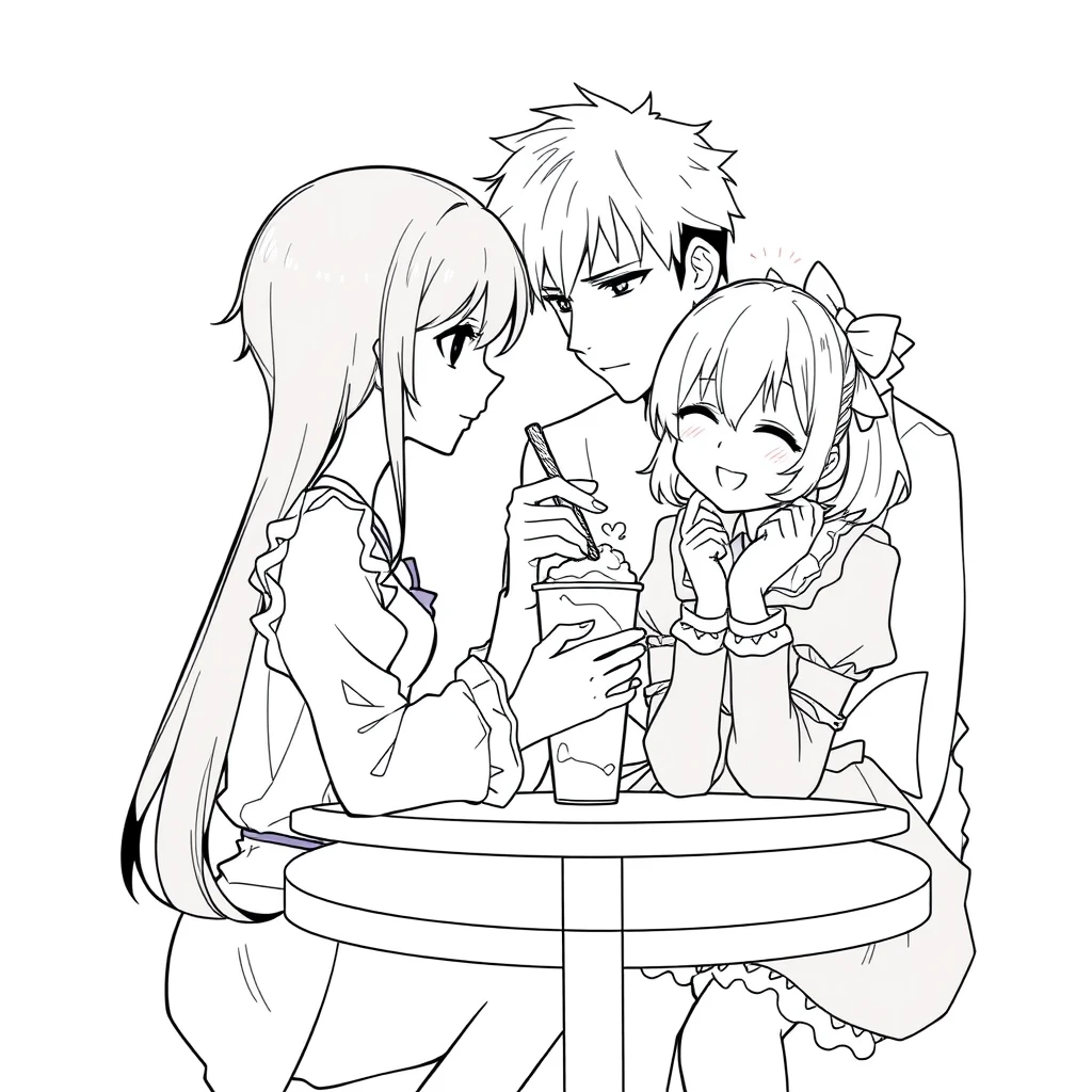 The boy was sitting and gently feeding his girlfriend a cup of ice cream, and the girl, wearing a lolita outfit, looked happy, resting her cheeks on her hands on the table. The boy is tall and handsome. Anime line art.