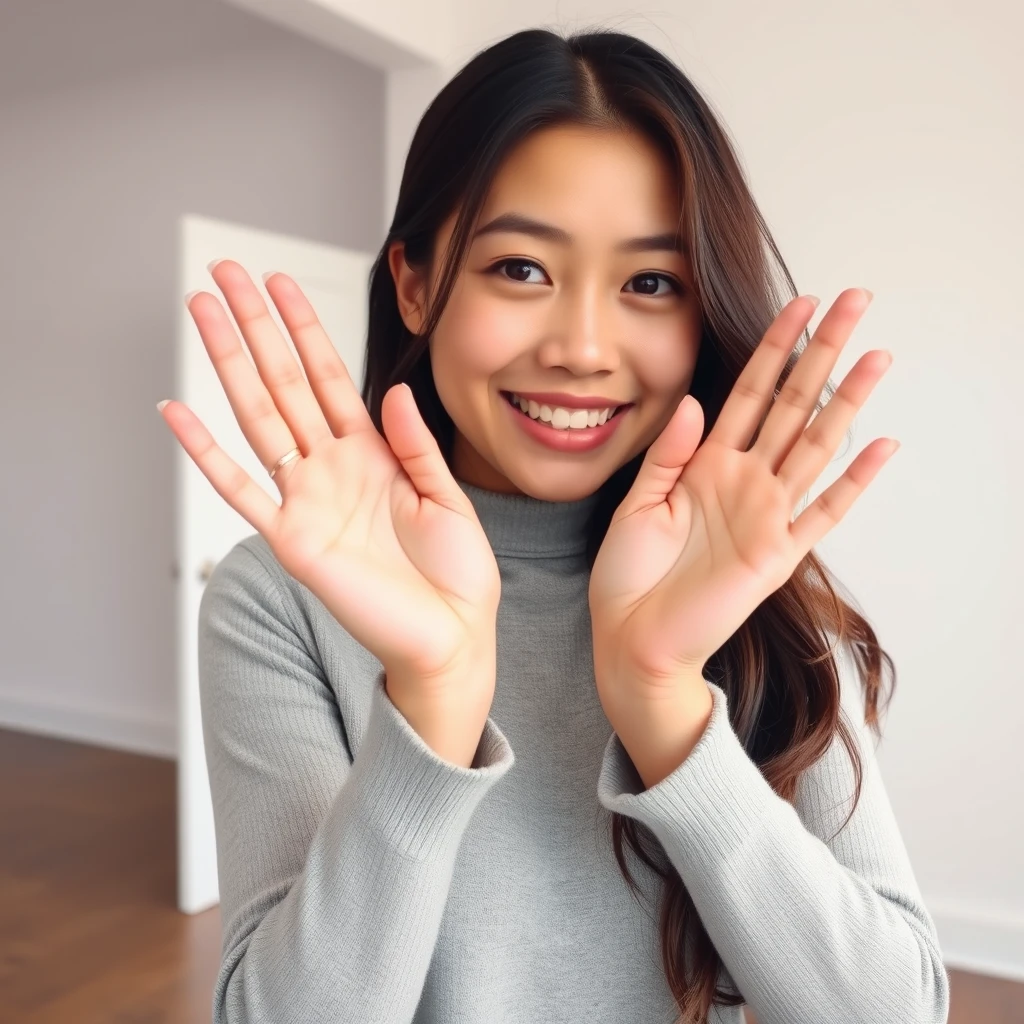 Asian woman holding hands out in an empty room with a white background.