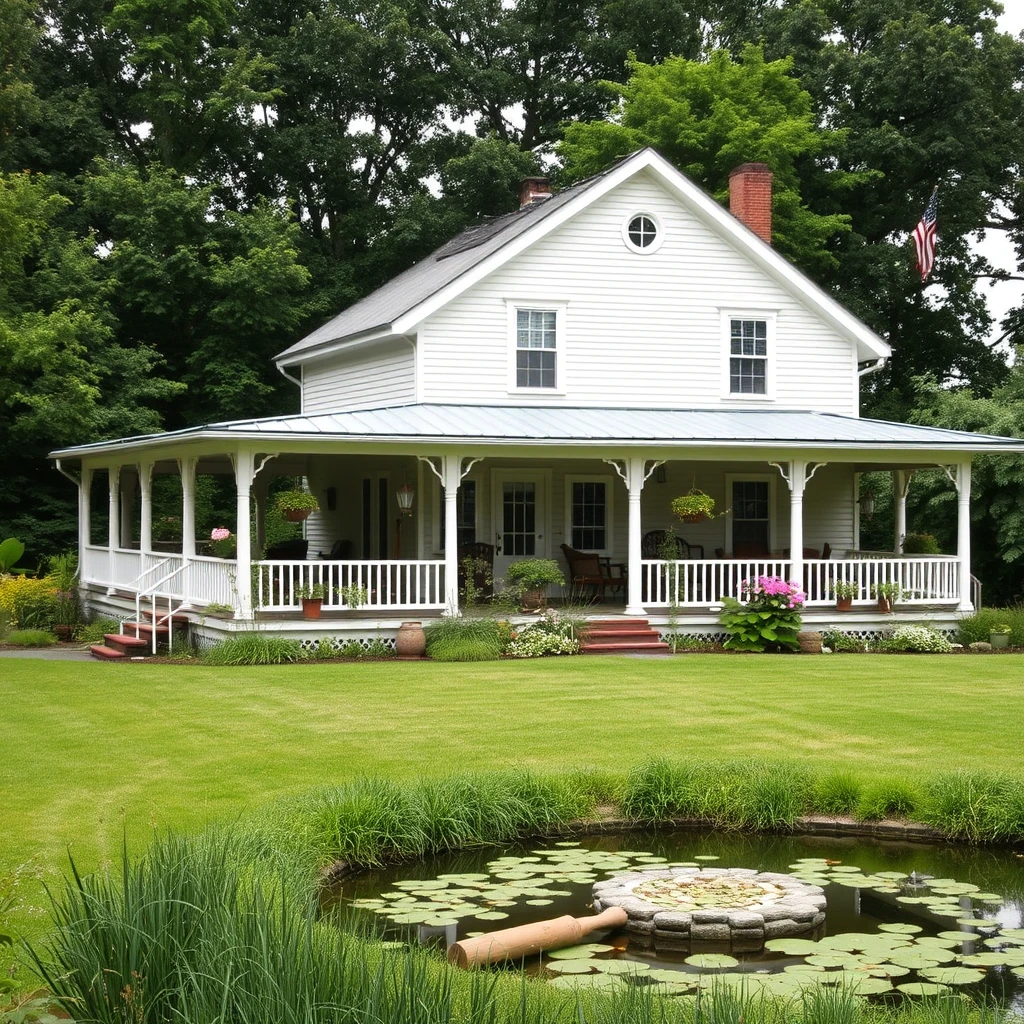 A house in a large garden with a veranda and lots of plants. A pond can be seen in front, and trees behind. - Image