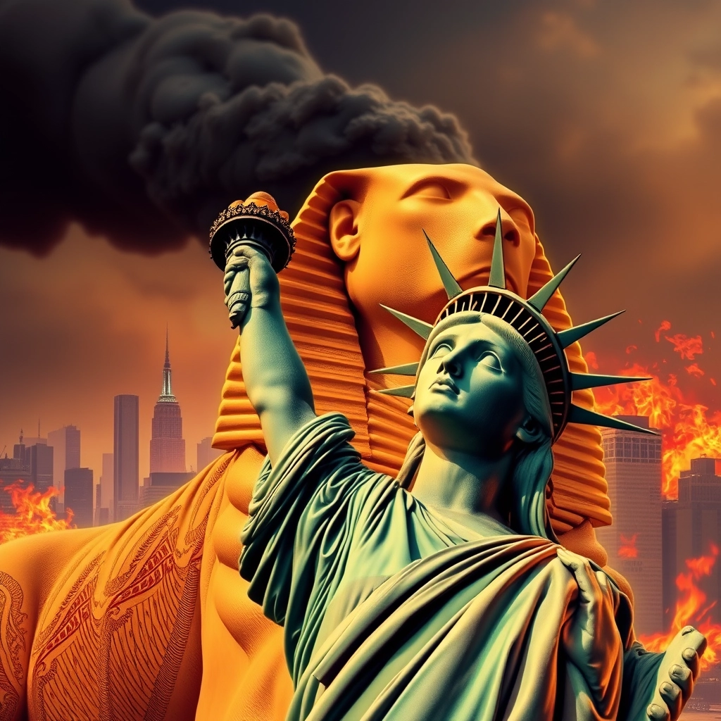 A realistic image of the Egyptian Sphinx biting the Statue of Liberty in the neck, with New York in flames in the background.