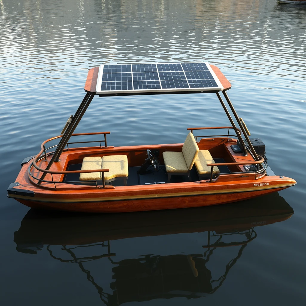 Smart Indian ethnic design of an open hydrodynamic, 5 meter short Catamaran boat with 6 seats, with adequate safety rails, in a calm lake in Kashmir, the platform powered by batteries and thruster pods, with joystick controls on the dashboard, carrying a foldable hard roof with the solar panels over it.