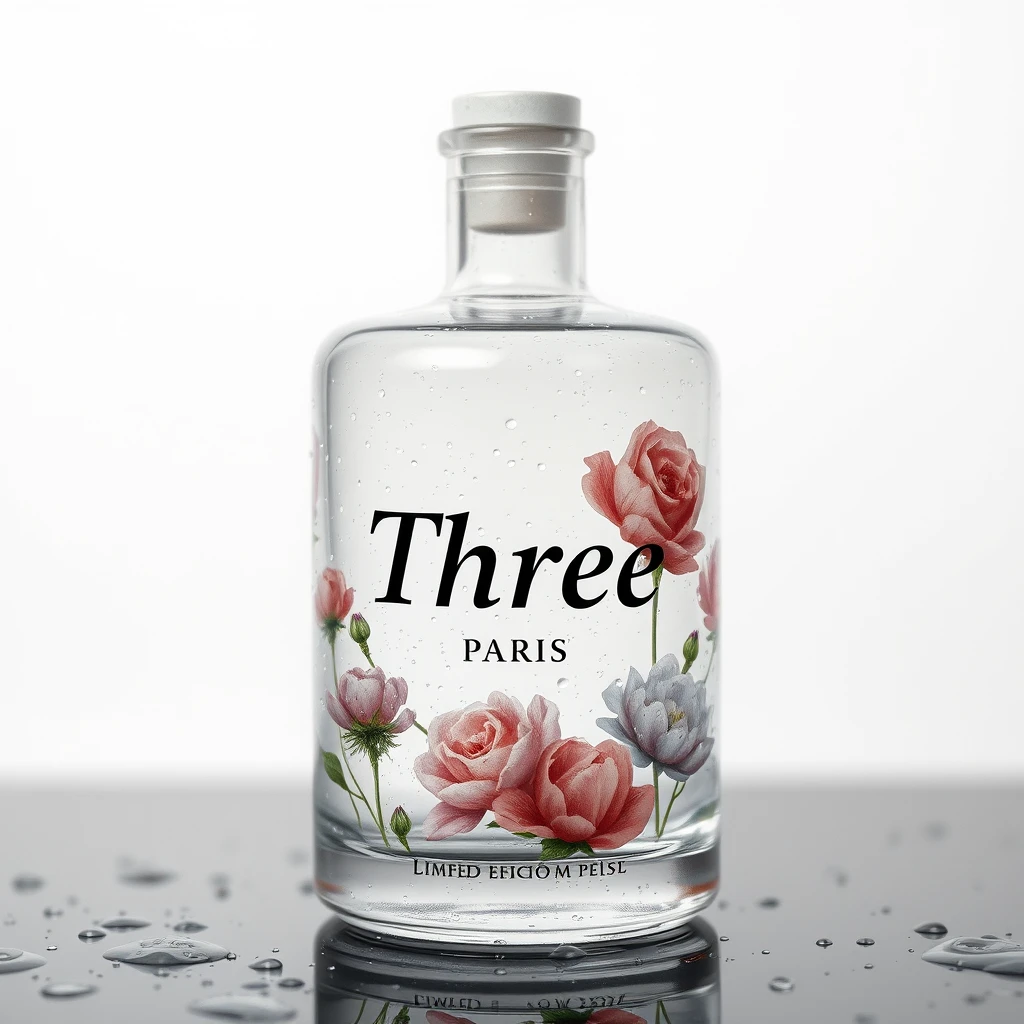 Realistic photography, limited edition glass cosmetic bottle from Paris, the glass bottle is printed with the word "Three" and representative floral images, white background, dewdrops on the bottle body, featuring epic visual effects and exquisite printing techniques, intricate details, rich details.