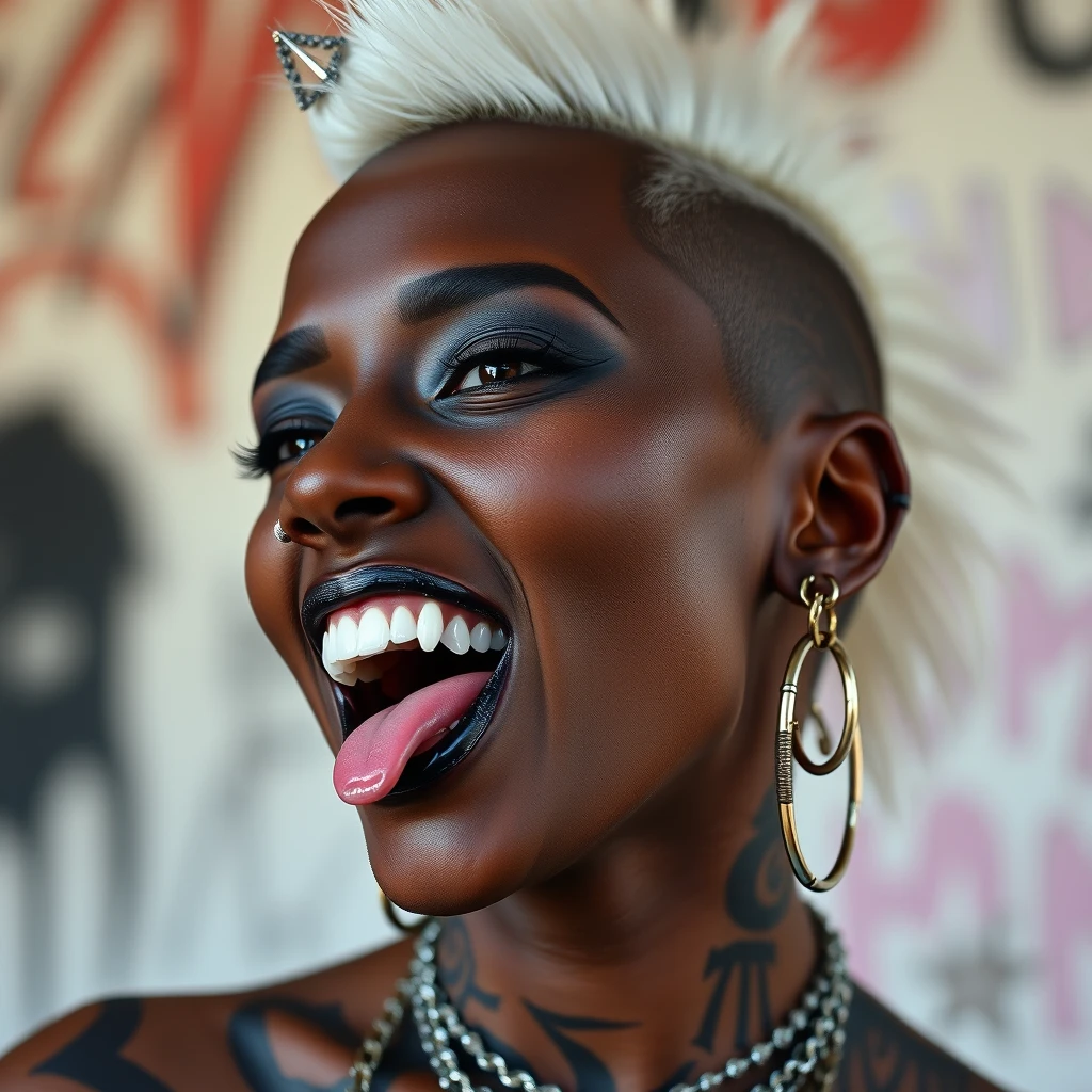 beautiful black woman, fangs, nose piercing, split tongue, side shave, shaved head, white mohawk, nose rings, multiple earrings, extreme piercings, extreme tattoos, head tattoo - Image