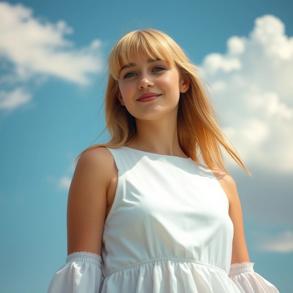 A serene, blissful scene of a young woman in a white dress. The scene feels authentic and unpolished, informal, without heavy makeup. Her blonde bangs frame the sides of her face. The fluffy clouds decorate the clear blue sky.