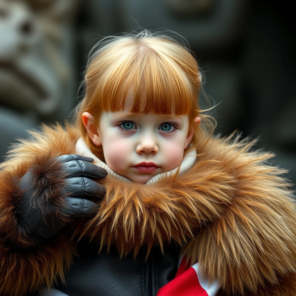 A cute ginger Russian girl with green eyes and bangs is being carried by a gorilla king with an Argentine theme.