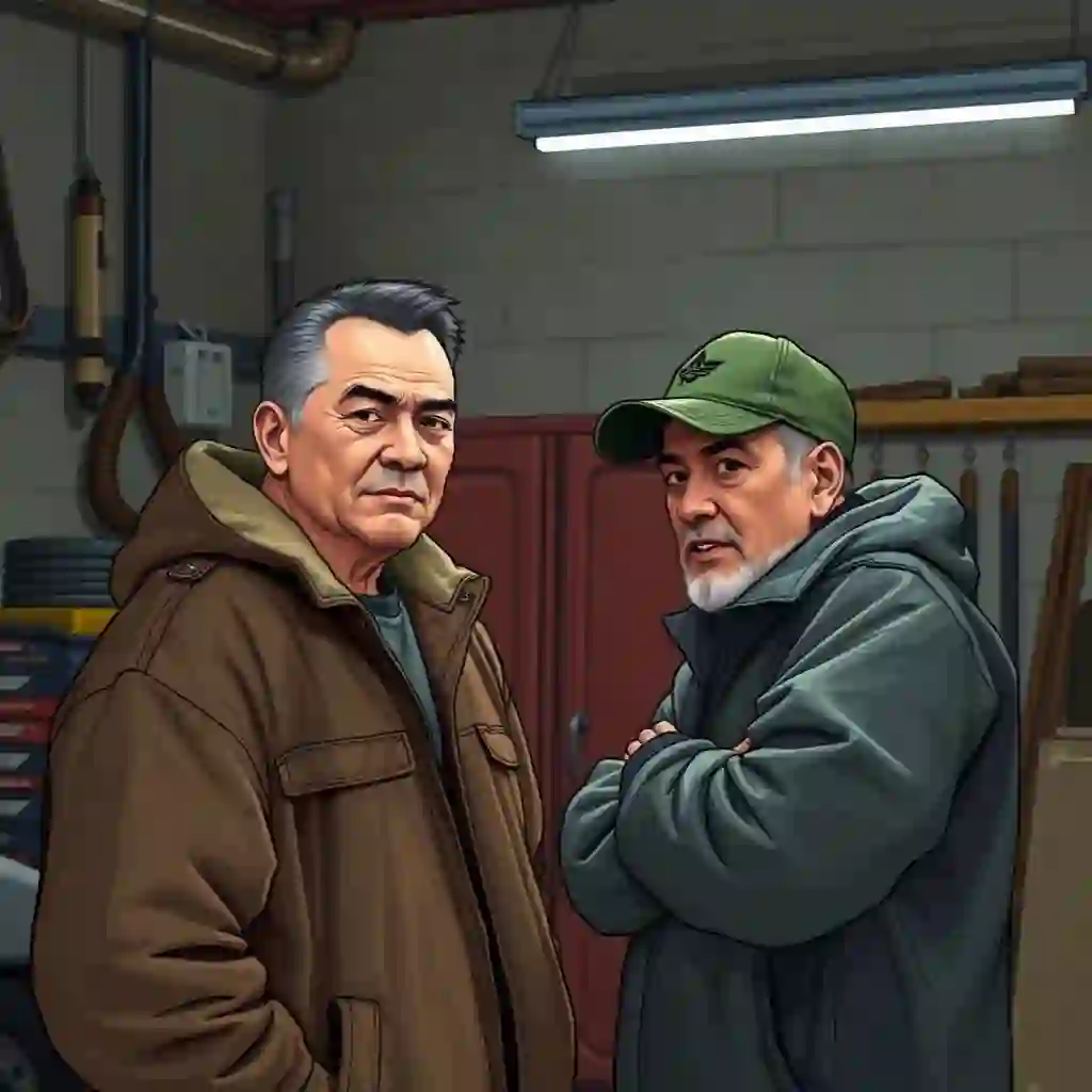 2 person set, 2 men, 1 white man, 1 northern Chinese man, they are together in a garage setting, here are the details and I want every single one with accuracy. - Image