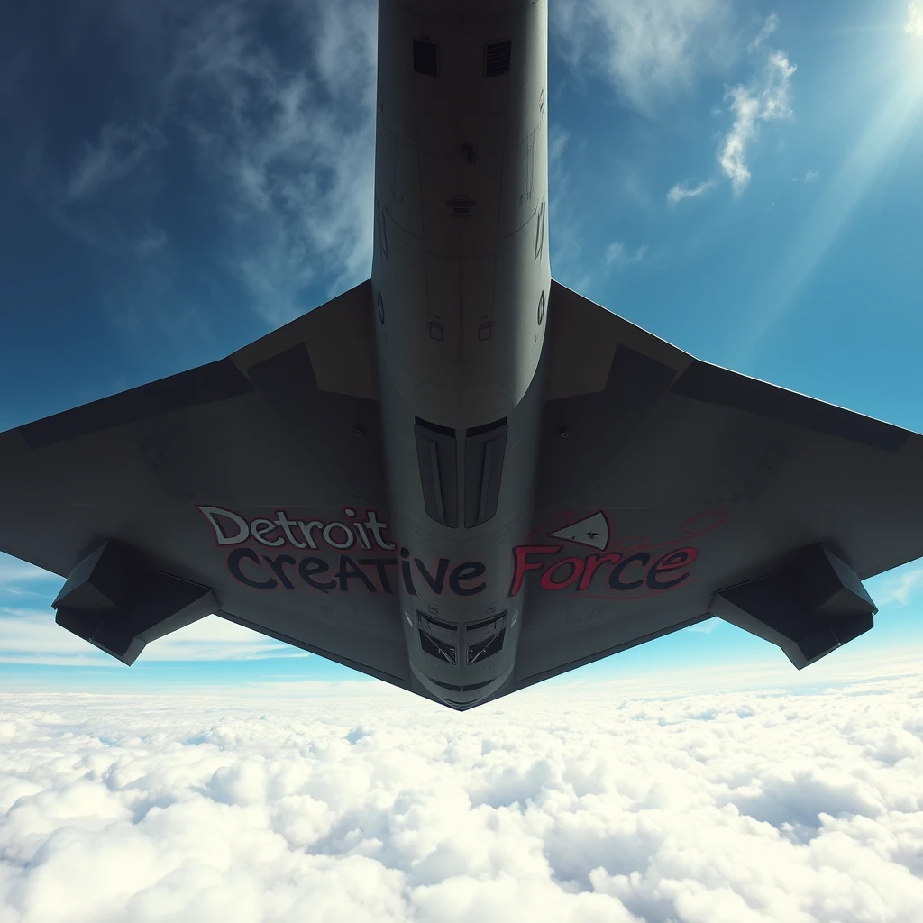 A view from the ground of the underside of a large Stealth bomber flying high in the clouds, with the words "Detroit Creative Force" painted in a graffiti style on the underside of the plane.