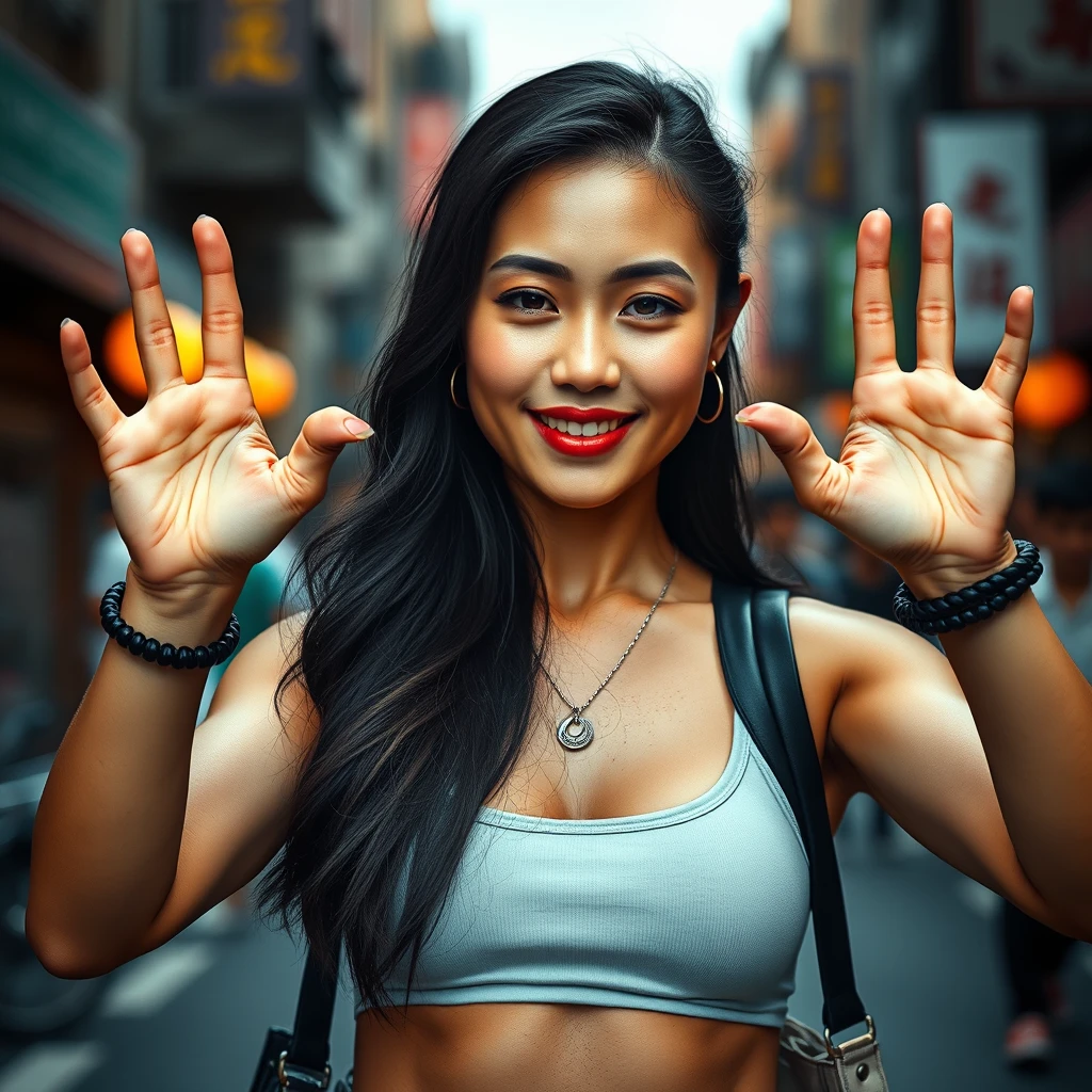 Asian woman holding hands out in the middle of the street, perfect figure, intricate detailed body, perfect face, perfect eyes, perfect teeth, perfect body, athletic body, muscular arms, 6-pack abs, fit and muscular, epic, accessories, 8k, high-detail, sharp focus:1.1, vibrant colors:1.3. - Image